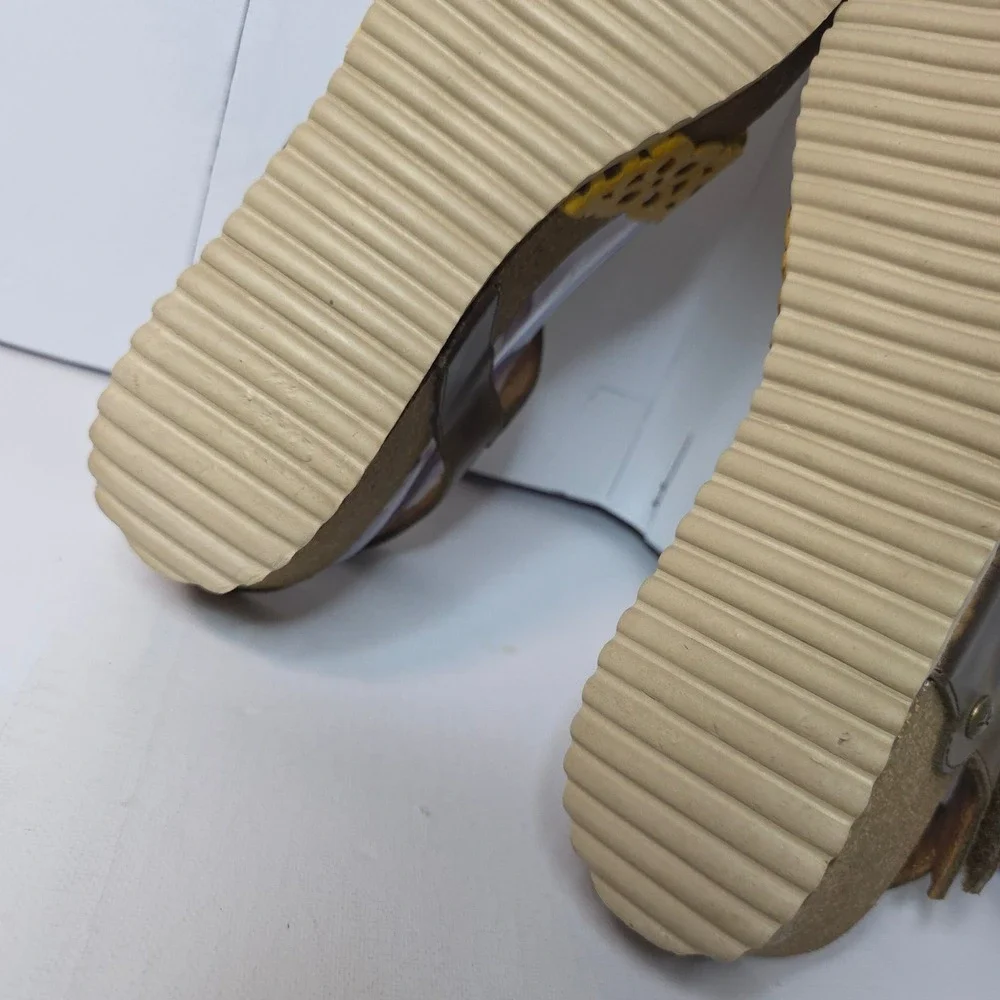Wanda Panda W's Cork WedgeSandalsYellowFlower‎ Cutout Brown Ankle Strap Sz 41